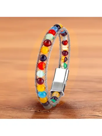 Erkek Doğaltaş Bileklik - Doğal Çakra Akik Taşlı Örgü Halat Çelik Bileklik