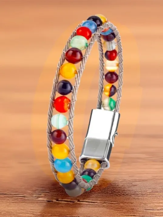 Erkek Doğaltaş Bileklik - Doğal Çakra Akik Taşlı Örgü Halat Çelik Bileklik