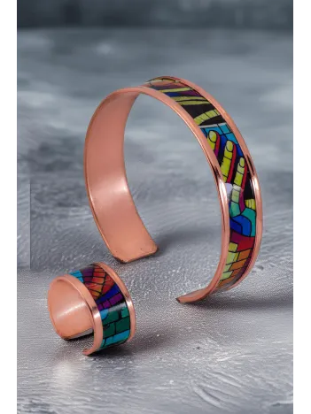 Kadın Bakır Bileklik Yüzük Set - Nadia Model Özel Baskı Metal Kutu Ve Kuvars Taşı