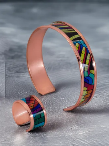 Kadın Bakır Bileklik Yüzük Set - Nadia Model Özel Baskı Metal Kutu Ve Kuvars Taşı