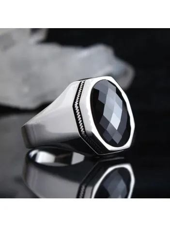 Siyah Oniks Kristal Kesim Taşlı Özel Seri Erkek Gümüş Yüzük