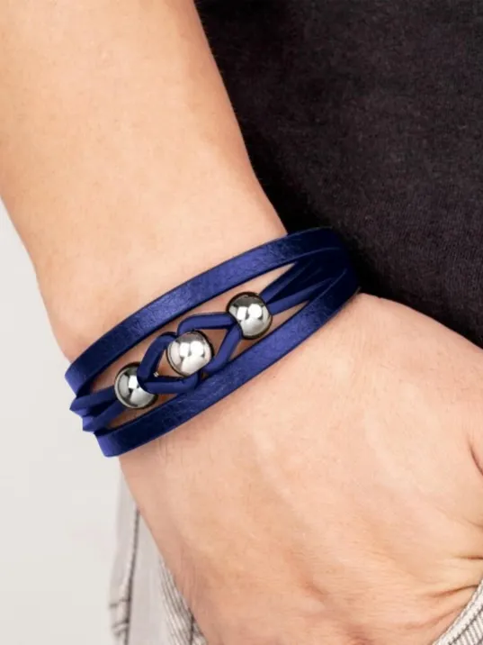 Erkek Deri Bileklik - Çoklu Retro Paslanmaz Çelik Top Ve Lacivert Deri Bileklik
