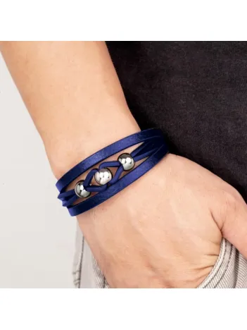 Erkek Deri Bileklik - Çoklu Retro Paslanmaz Çelik Top Ve Lacivert Deri Bileklik