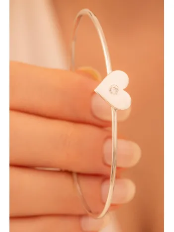 Kadın Gümüş Bileklik - El Yapımı Gümüş Zirkon Taşlı Kalp Motifli Kadın Bileklik Kelepçe