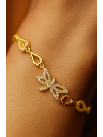 Kadın Gümüş Bileklik - Altın Kaplama Yusufçuk Model Damla Motifli Gümüş Bilezik