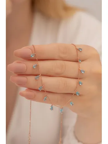 Kadın Gümüş Kolye - Aquamarin Damla Model Taşlı Rose Kadın Gümüş Kolye Gkltsklym4d-ros