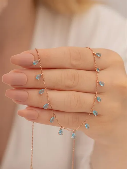 Kadın Gümüş Kolye - Aquamarin Damla Model Taşlı Rose Kadın Gümüş Kolye Gkltsklym4d-ros