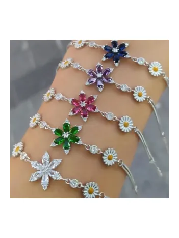 Papatyalı Nergis Çiçeği Zirkon Taşlı Gümüş Bileklik