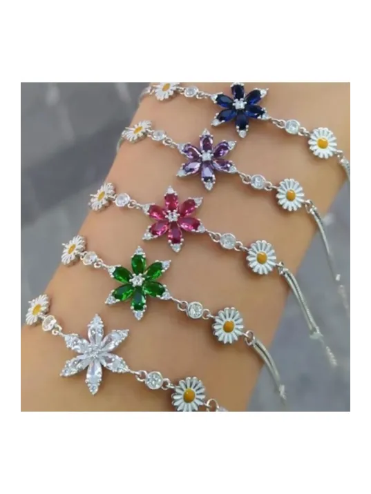Papatyalı Nergis Çiçeği Zirkon Taşlı Gümüş Bileklik