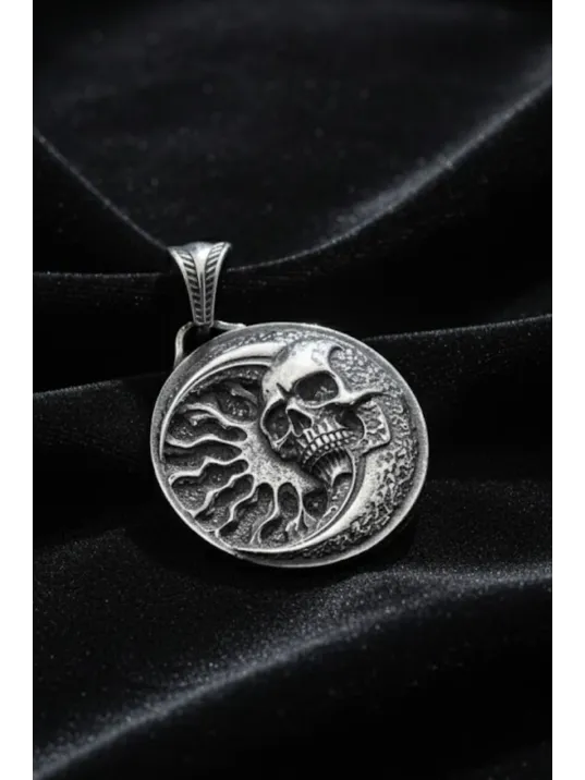 Erkek Gümüş Kolye - 925 Ayar Kabartmalı Güneş Ay ve İskelet Motif Tilki Kuyruğu Zincirli Erkek Kolye