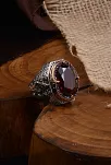 Garnet (Kırmızı) Taşlı Yanı Selçuklu Arma ve Hilal Yıldız İşlemeli Erkek Gümüş Yüzük