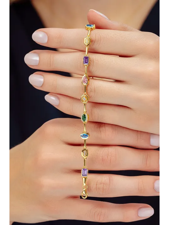 Kadın Renkli Taşlı Altın Kaplama Zarif 925 Ayar Gümüş Kolye Bileklik Set