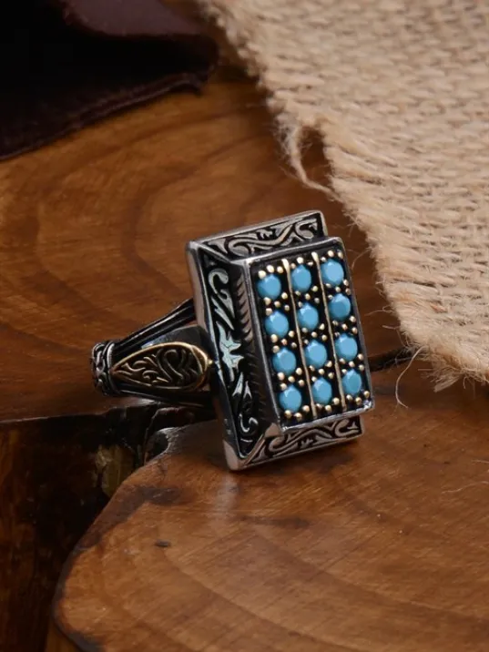 Oniki Turkuaz Taşlı İşlemeli Koleksiyonluk Erkek Gümüş Yüzük