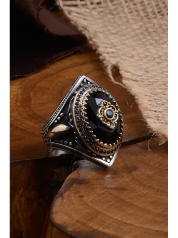 Anadolu Desenli Siyah Oniks Taşlı Yanı Buğday İşlemeli Erkek Gümüş Yüzük