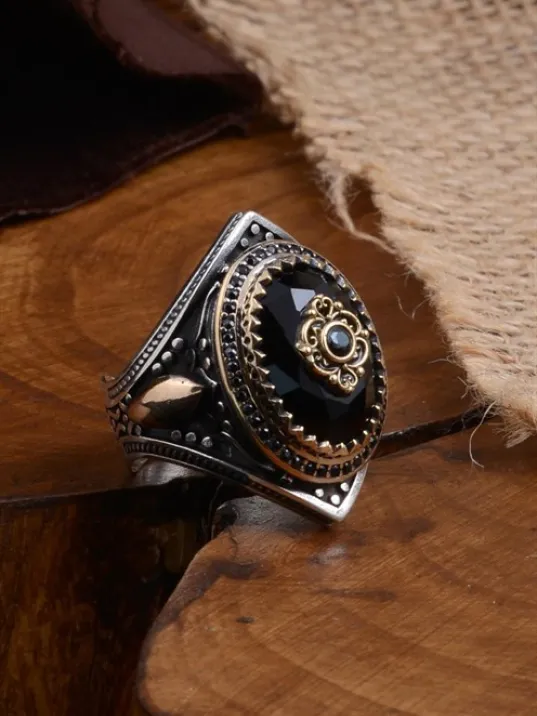 Anadolu Desenli Siyah Oniks Taşlı Yanı Buğday İşlemeli Erkek Gümüş Yüzük