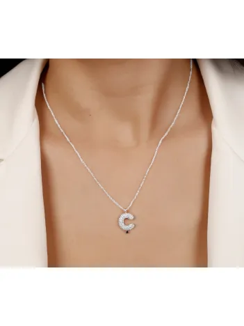 Kadın Gümüş Kolye - Ç Harfi Zirkon Taşlı Balon Harf Kadın Kolye