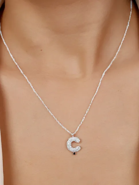 Kadın Gümüş Kolye - Ç Harfi Zirkon Taşlı Balon Harf Kadın Kolye