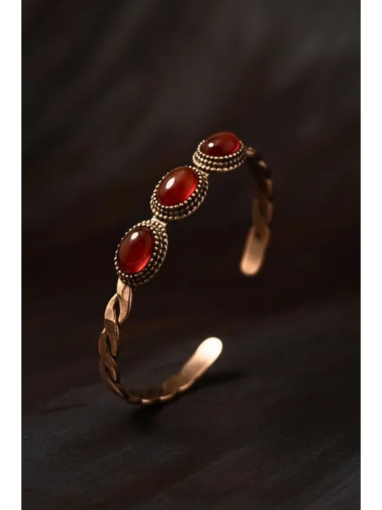 Kadın Bakır Bileklik - Örgü Model 3lü Kırmızı Akik Taşlı Bakır Bilezik