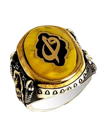 Elif Vav Yazılı Sıkma Kehribar Gümüş Erkek Yüzük