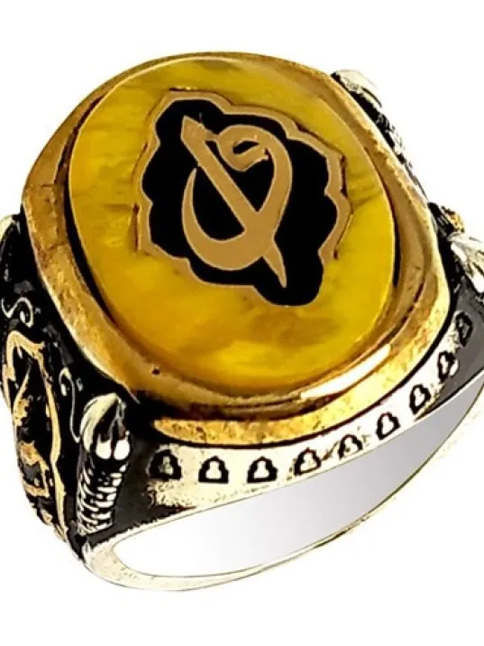 Elif Vav Yazılı Sıkma Kehribar Gümüş Erkek Yüzük