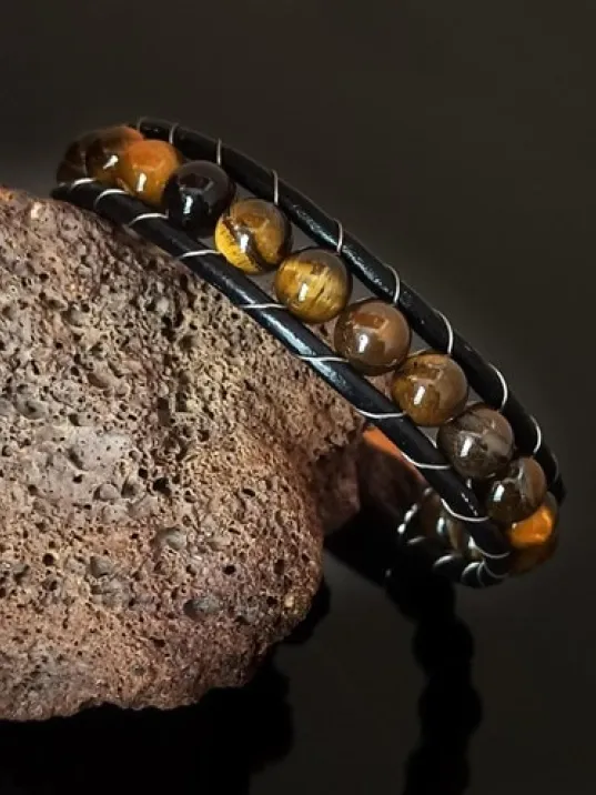 Doğal Taşlı Kaplan Gözü Çift Deri Bileklik DBLZKPNLGOZ-KHR