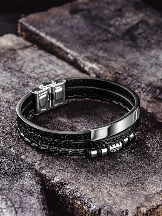 Erkek Deri Bileklik - İsim Yazılan Paslanmaz Çelik Deri Kordonlu Erkek Bileklik