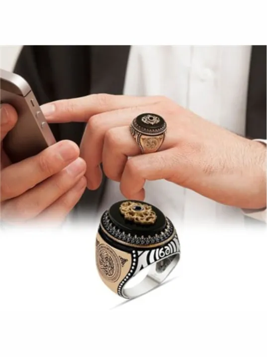 Erkek Gümüş Yüzük - Kelime-i Tevhid ve Çiçek Motifli Oniks Taşlı 925 Ayar Gümüş Erkek Yüzük Erkek Gümüş Yüzük - Kelime-i Tevhid ve Çiçek Motifli Oniks Taşlı 925 Ayar Gümüş Erkek Yüzük