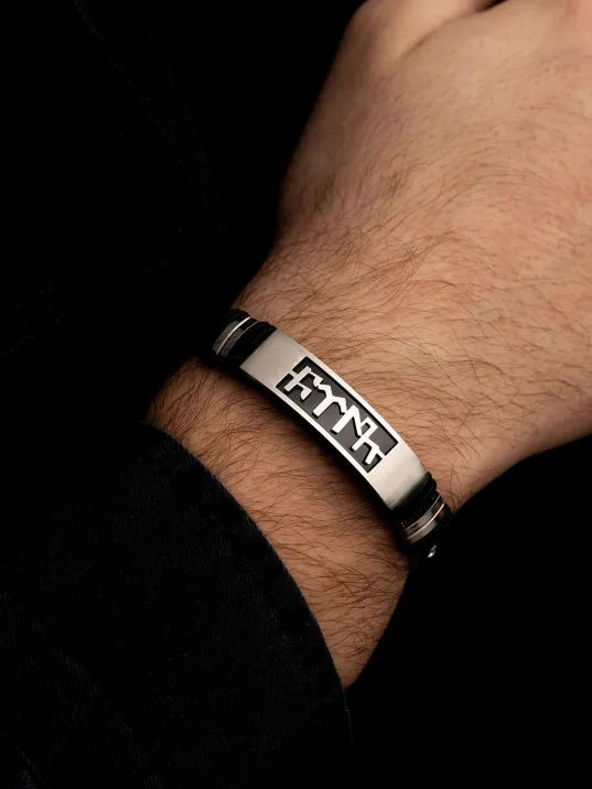 Göktürkçe Türk Yazılı Paslanmaz Çelik Erkek Bileklik Hasır Kordonlu