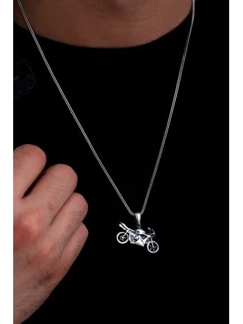 Erkek Gümüş Kolye - Motor - Motosiklet Figürlü Gümüş Erkek Kolye