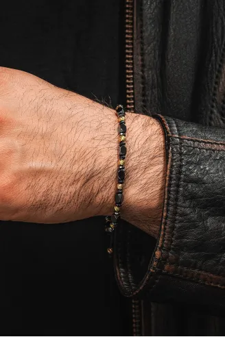 Kadın Erkek Gümüş Bileklik - Hematit Taşlı Gümüş Detaylı İnce Kibar Erkek Kadın Bileklik