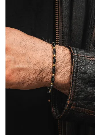 Kadın Erkek Gümüş Bileklik - Hematit Taşlı Gümüş Detaylı İnce Kibar Erkek Kadın Bileklik