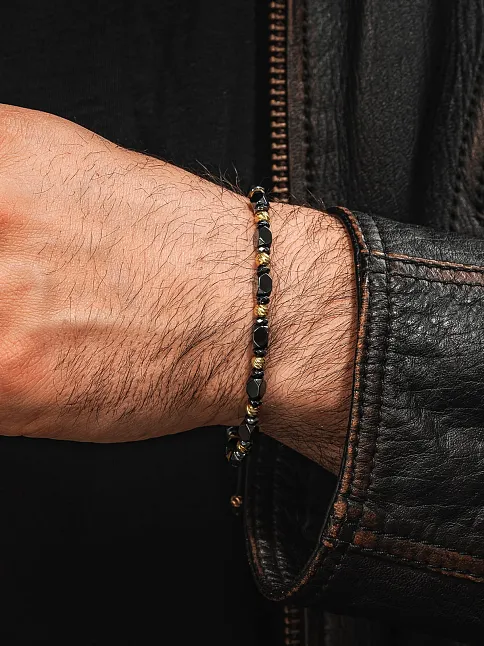 Kadın Erkek Gümüş Bileklik - Hematit Taşlı Gümüş Detaylı İnce Kibar Erkek Kadın Bileklik
