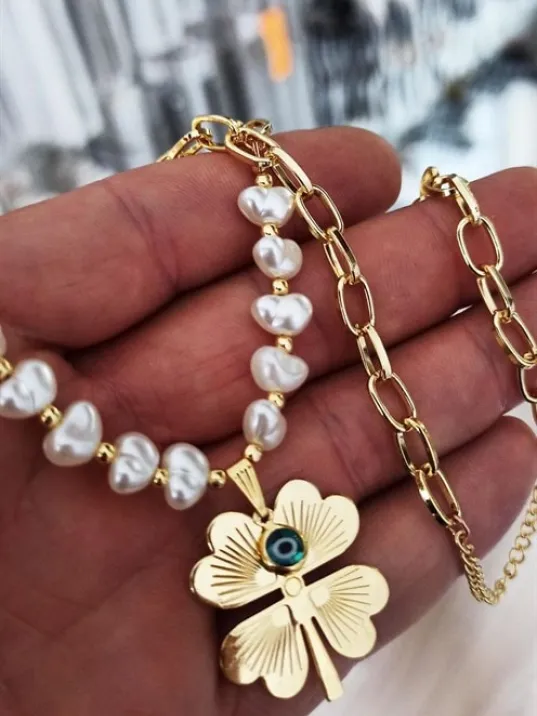 Gold Kaplama Altın Renk İnci Kalpli Nazar Boncuklu Yonca Bijuteri Zincirli Kolye Gold Kaplama Altın Renk İnci Kalpli Nazar Boncuklu Yonca Bijuteri Zincirli Kolye