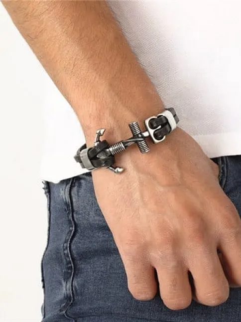 Unisex Çelik Ve Deri Bilekli Halat Çapa Figürlü