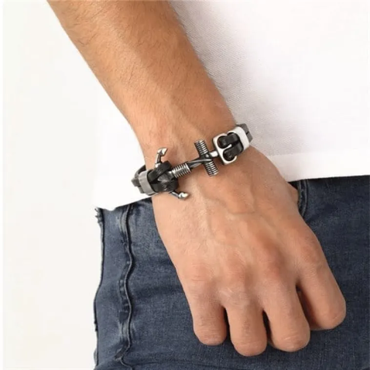 Unisex Çelik Ve Deri Bilekli Halat Çapa Figürlü Unisex Çelik Ve Deri Bilekli Halat Çapa Figürlü