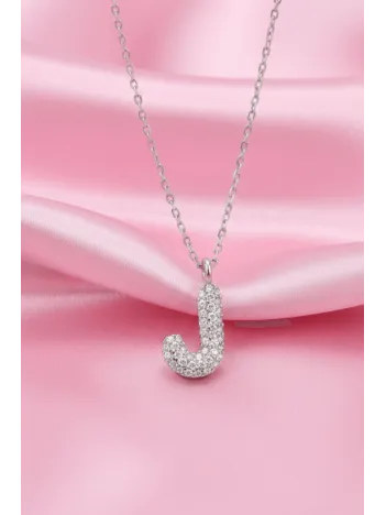 Kadın Gümüş Kolye - 925 Ayar Zirkon Taşlı Balon J Harfi Bayan Kolye