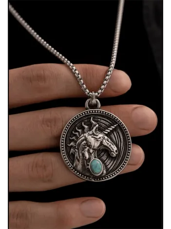 Unicorn Tek Boynuzlu At - Erkek Kolye - Unicorn Figürlü Erkek Çelik Kolye - 316 L Paslanmaz Çelik