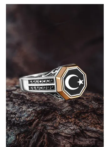 Erkek Gümüş Yüzük - Çift Zirkon Taşlı Ay Yıldız Bayrak Model 2 Erkek Yüzük