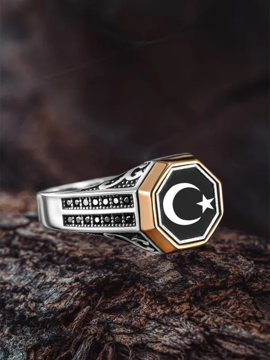 Erkek Gümüş Yüzük - Çift Zirkon Taşlı Ay Yıldız Bayrak Model 2 Erkek Yüzük