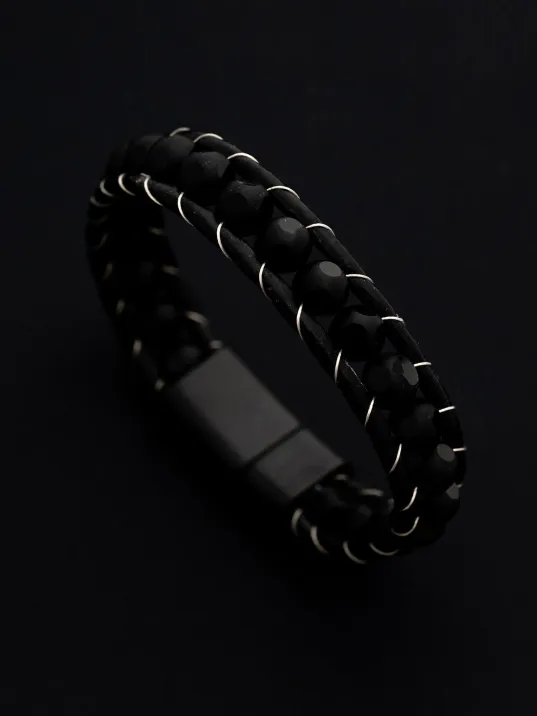 Erkek Çelik Bileklik - Benekli Oniks Doğaltaş Erkek Deri Bileklik