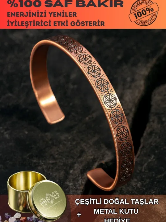 Erkek Bakır Bileklik - Lotus Çiçeği - Yaşam Çiçeği İnce Model Erkek Kelepçe Bileklik Bilezik