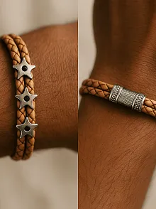 Erkek Zebra Model Zirkon Taşlı Üçlü Ninja Yıldızı Shuriken Çift Hakiki Deri Bileklik