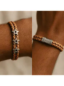 Erkek Zebra Model Zirkon Taşlı Üçlü Ninja Yıldızı Shuriken Çift Hakiki Deri Bileklik