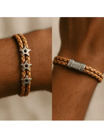 Erkek Zebra Model Zirkon Taşlı Üçlü Ninja Yıldızı Shuriken Çift Hakiki Deri Bileklik