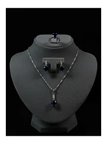 Kadın Gümüş Kolye Bileklik Küpe Set - Lacivert Safir Taşlı Tektaş Model Set