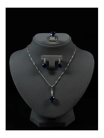 Kadın Gümüş Kolye Bileklik Küpe Set - Lacivert Safir Taşlı Tektaş Model Set
