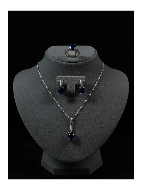 Kadın Gümüş Kolye Bileklik Küpe Set - Lacivert Safir Taşlı Tektaş Model Set