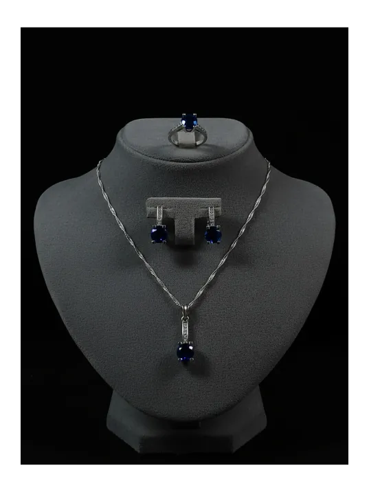 Kadın Gümüş Kolye Bileklik Küpe Set - Lacivert Safir Taşlı Tektaş Model Set