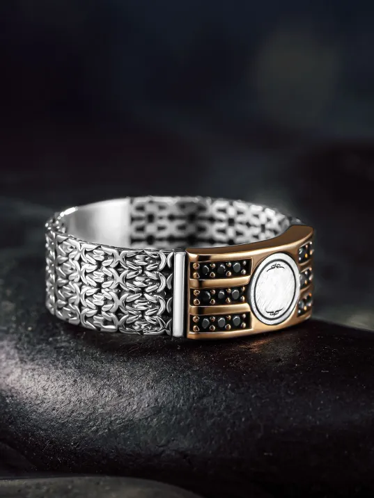 Erkek Gümüş Yüzük - Harf Yazılabilir Kral Zincirli 3 Sıra Zirkon Taşlı Erkek Yüzük