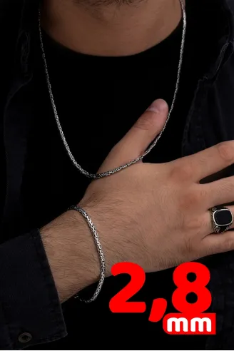 Erkek Gümüş Kolye Bileklik Set - Yassı Ezme Kral Gümüş Bileklik Set